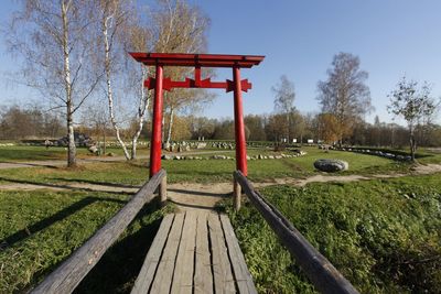 Torii gate in front of the stone garden in the town of kirzhach, wide angle view