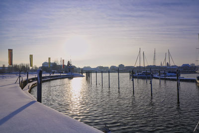 View of marina at sunset