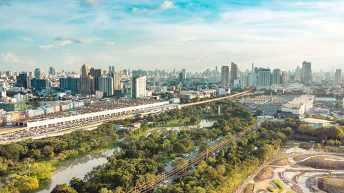 High angle view of cityscape against sky