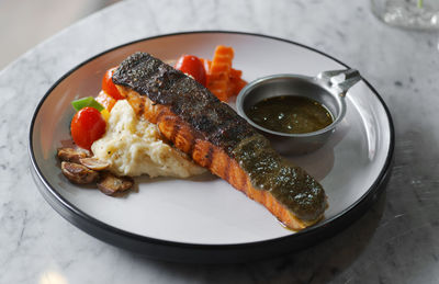 High angle view of breakfast served on table