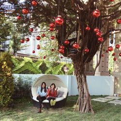 Two women sitting in lawn decorated with christmas ornaments