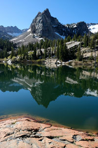 Scenic view of lake and mountains against blue sky