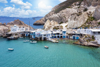 High angle view of boats in sea against sky