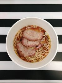 High angle view of soup in bowl on table