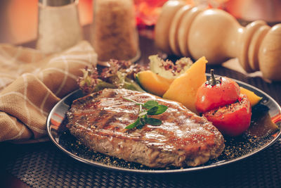 High angle view of food in plate on table