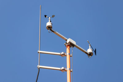 Low angle view of security camera against clear blue sky