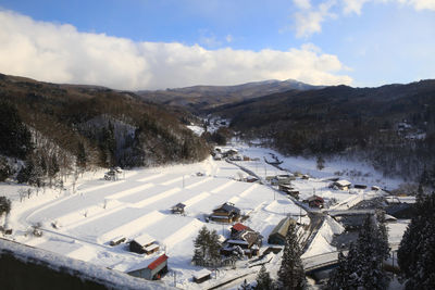 Aerial view of snowcapped mountains against sky