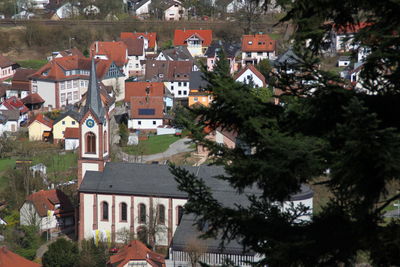 High angle view of buildings in town