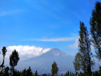 Low angle view of mountains against blue sky