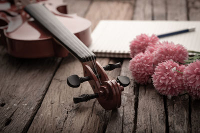 High angle view of pink flower on table