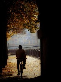 Rear view of man walking on bicycle in city