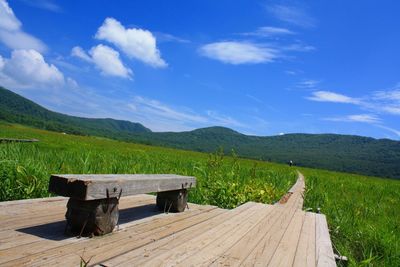 Bench on green landscape against sky