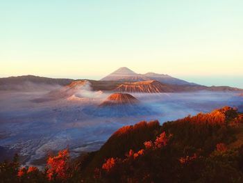 Scenic view of landscape against clear sky during sunrise