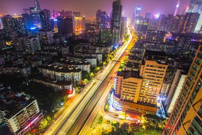 High angle view of city street at night