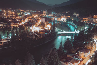 High angle view of illuminated city at night