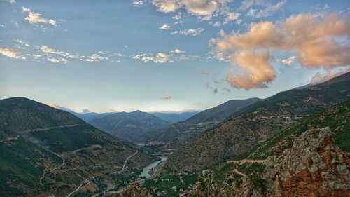 High angle view of valley against sky