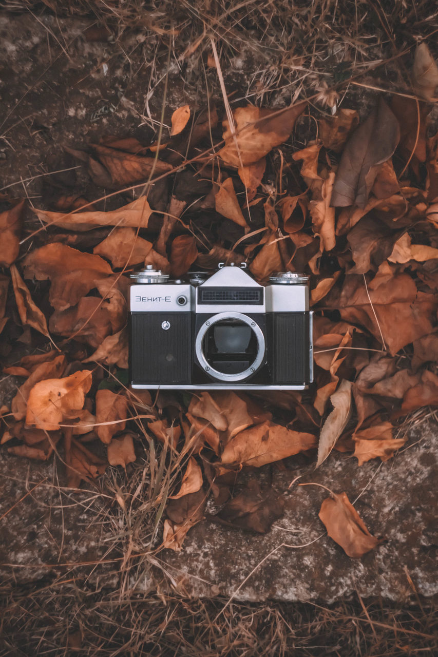 DIRECTLY ABOVE SHOT OF CAMERA ON FIELD BY DRY LEAVES