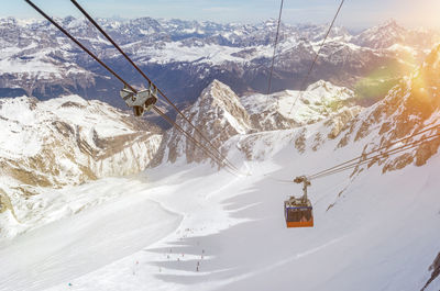 Overhead cable car over snowcapped mountains