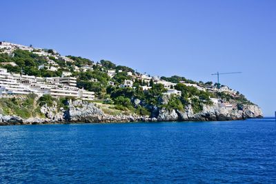 Scenic view of sea against clear blue sky