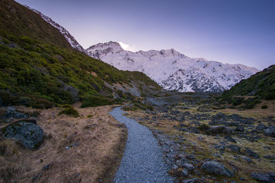 Scenic view of snowcapped mountains against clear sky