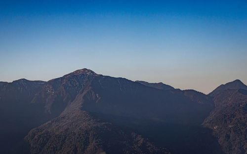 Scenic view of mountains against clear blue sky