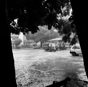 Cars on street against sky