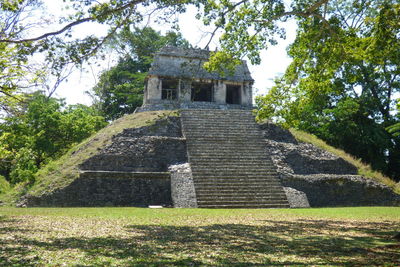 Low angle view of old temple against sky