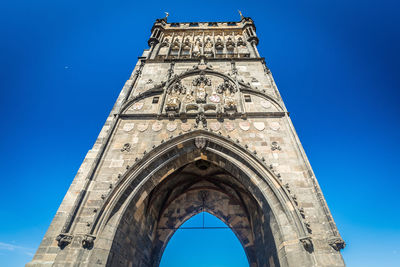 Low angle view of old building against clear blue sky