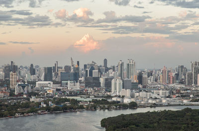 High angle view of cityscape against sky during sunset