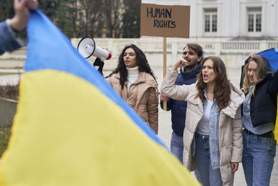 Low angle view of people in tent