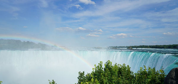 Scenic view of waterfall against sky