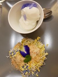 High angle view of bread in plate on table