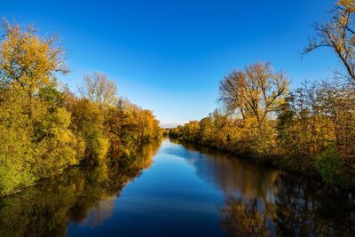 Scenic view of lake against clear blue sky during autumn