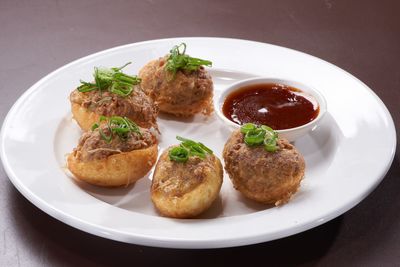High angle view of serving food in plate