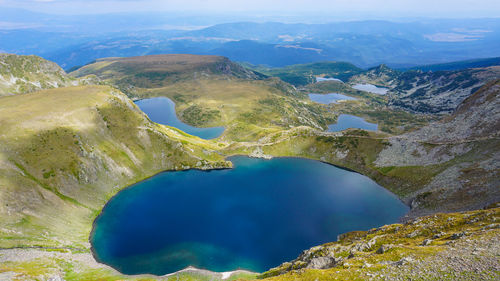 Aerial view of lake and mountains