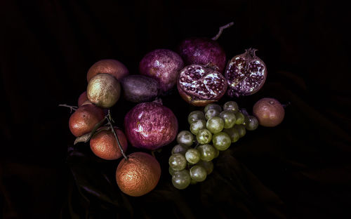 Close-up of raspberries against black background