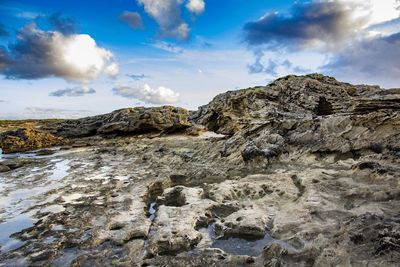 Rock formations on landscape against sky