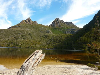 Scenic view of lake by mountains against sky