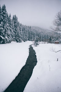 Scenic view of snow covered landscape against clear sky