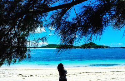 Rear view of woman relaxing on beach against blue sky