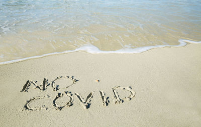 High angle view of text on sand at beach