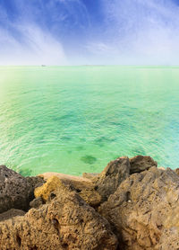 Scenic view of sea against blue sky