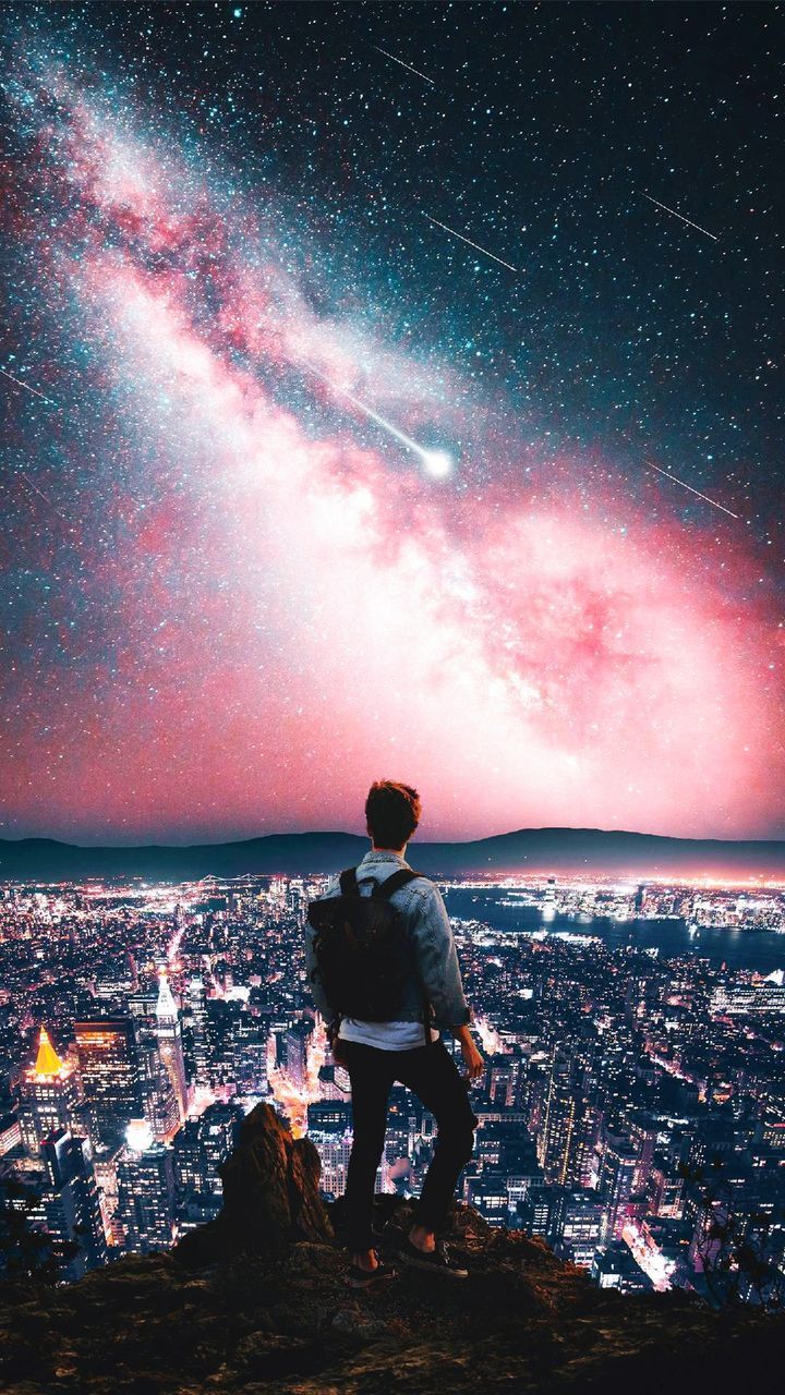 sky, night, star - space, real people, leisure activity, architecture, sea, astronomy, one person, lifestyles, nature, building exterior, built structure, cityscape, rear view, scenics - nature, standing, full length, water, outdoors, horizon over water, looking at view