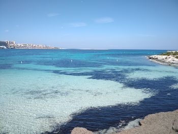 Scenic view of sea against blue sky