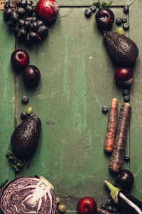 High angle view of vegetables and fruits on table