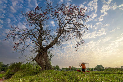 Low angle view of woman standing on field against sky