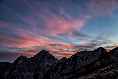 Scenic view of mountains against sky at sunset