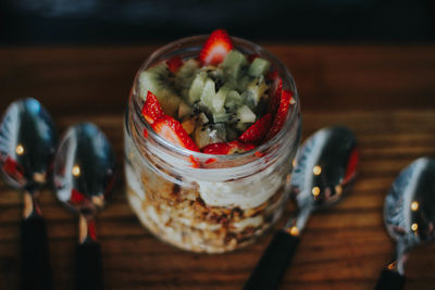 Close-up high angle view of breakfast on table