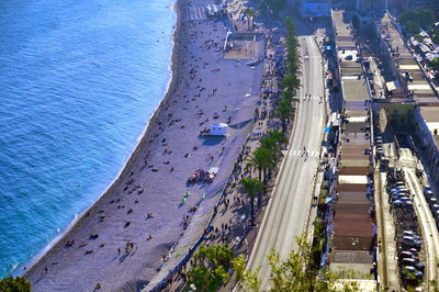 High angle view of city street by sea