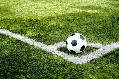 High angle view of soccer ball on field